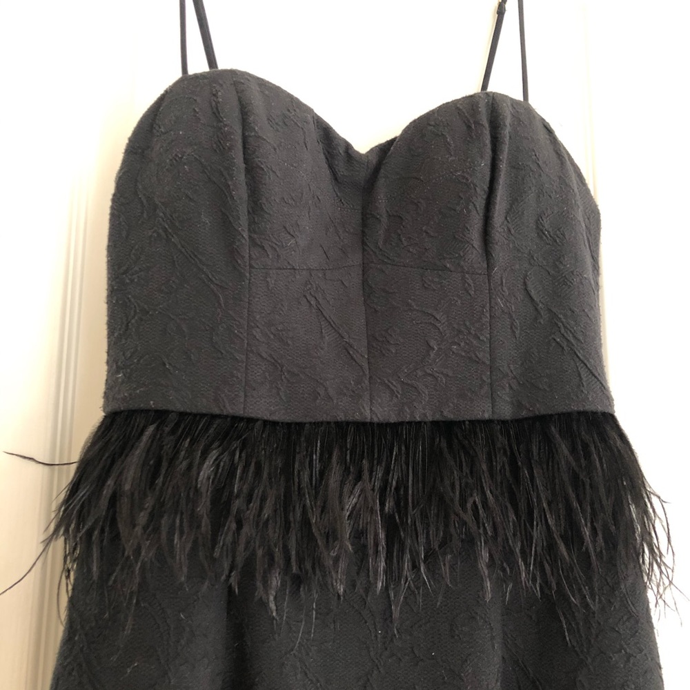 Strapless black dress w/ feathers